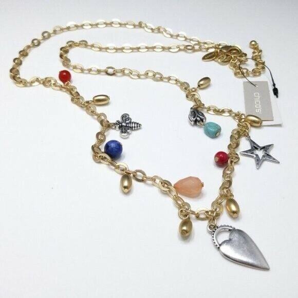 Chico's Gold Tone Charm Necklace, Bee Heart Star Beads, 39 Inches, New With Tags - Picture 10 of 10